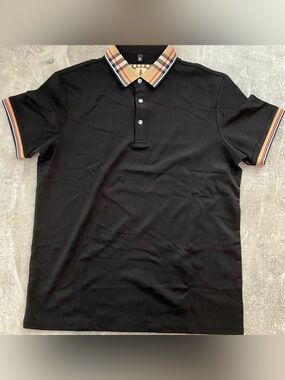 Classic Black Polo with Contrast Check Collar - Unbranded